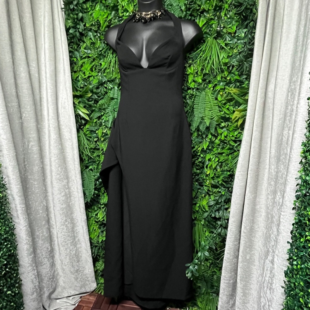 Babyboo Dress Large Black Halter Neck Maxi Plunging V-Neck Side High Slit 4182